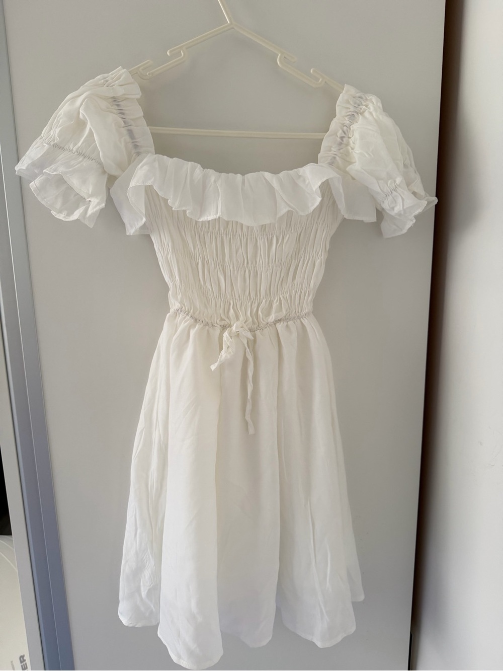 White Ruffled Off-Shoulder Smocked Dress